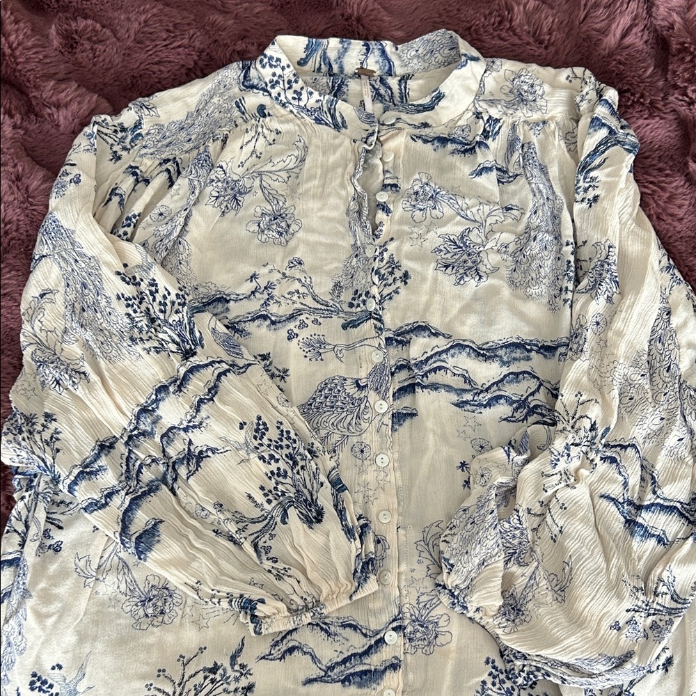 Free People Indigo and Cream Gauze Floral Top- Medium